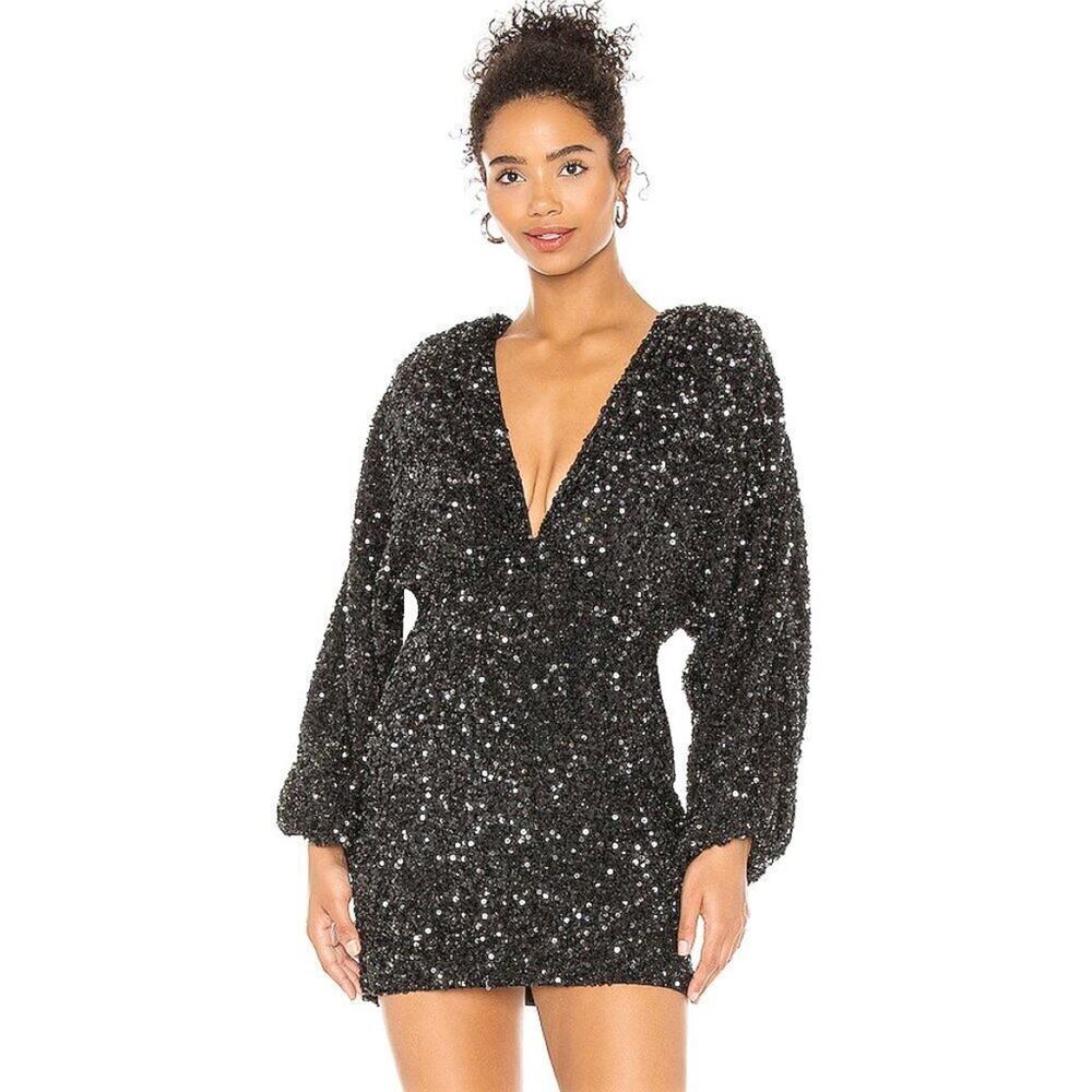 Retrofete Aubrielle Black Sequin Deep V Long Sleeve Mini Dress size S